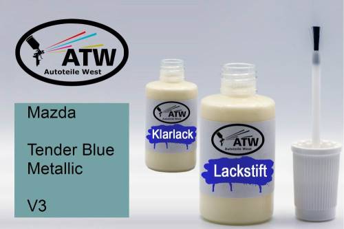 Mazda, Tender Blue Metallic, V3: 20ml Lackstift + 20ml Klarlack - Set, von ATW Autoteile West.